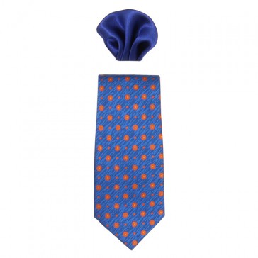 Cravata barbati cu batista albastru portocaliu cu flori Gama CRVT-GM-0008-Albastru-Portocaliu