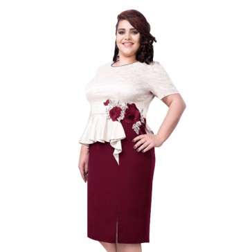 Rochie dama de ocazie eleganta bej bordo Per Donna midi Edith-81320-Bej-Bordo